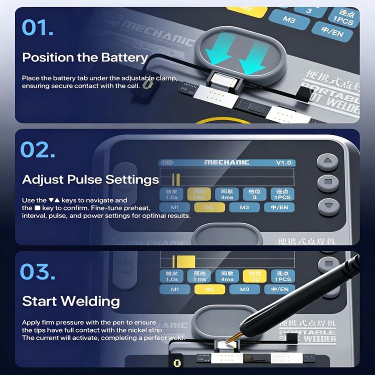 Spot welder during setup steps with battery clamp, control screen, and welding pen tip