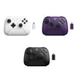 Wireless gamepad color options: white, purple, and black, each with charging dock