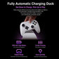White gamepad resting on charging dock with finger pointing above it