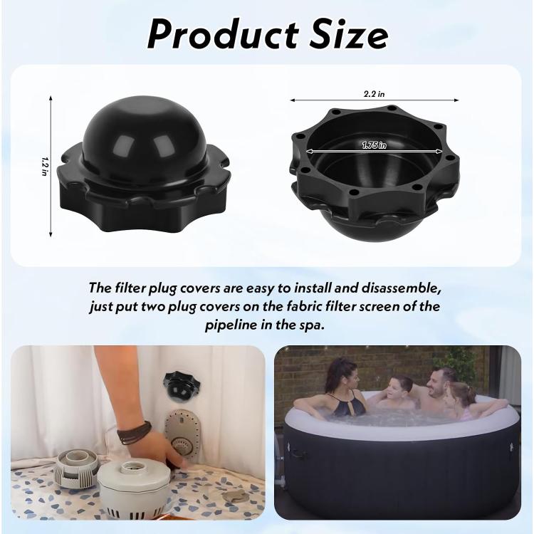 Black pool stopper caps showing dome cover and circular inlet opening