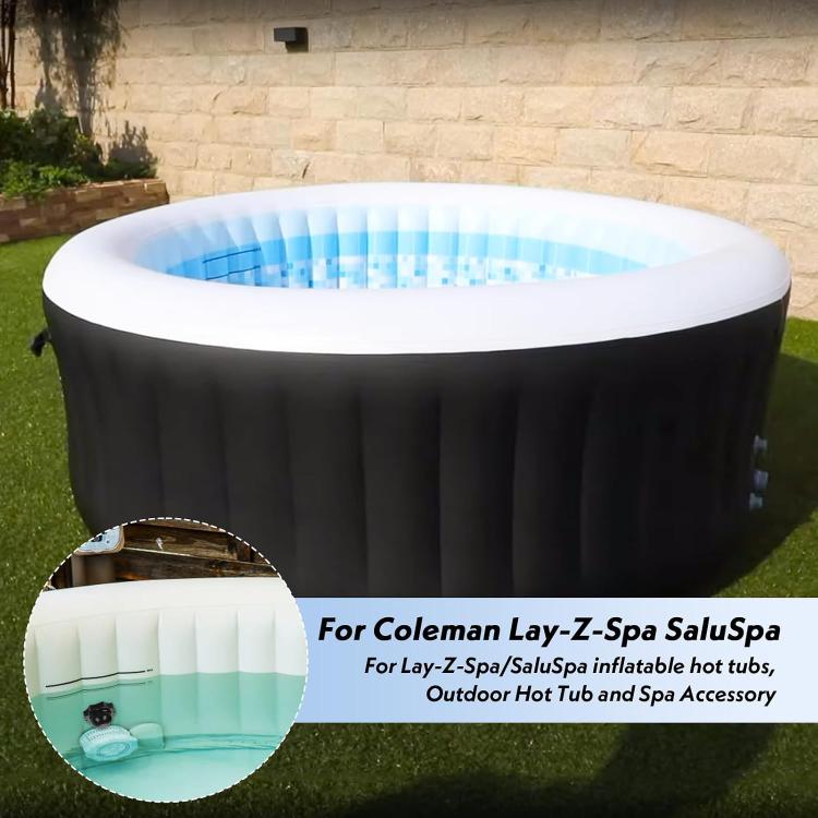 Black pool stopper cap with dome top, shown inset beside a hot tub