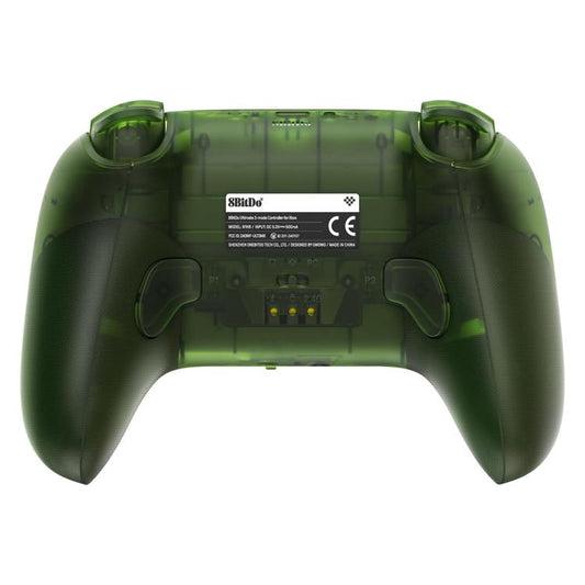 Green wireless game controller back view with grips and central label