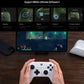 White wireless game controller in hands with dual thumbsticks and face buttons