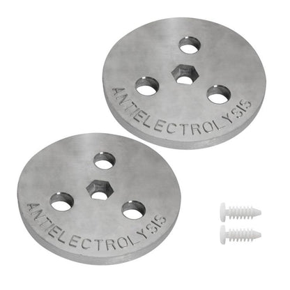 Zinc anode weight block: round metal plate with bolt mounting holes