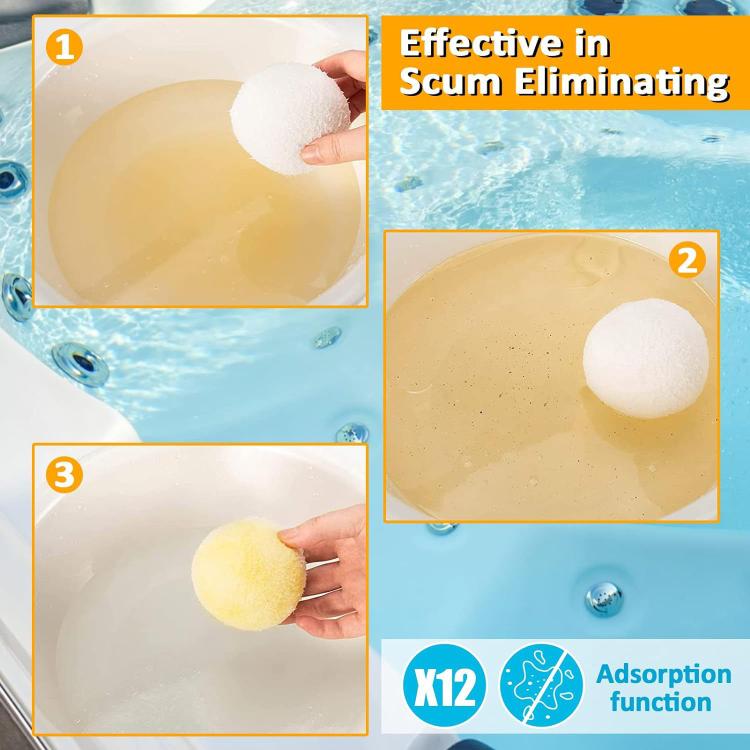 Absorbent sponge balls removing oil from pool water and bath surfaces