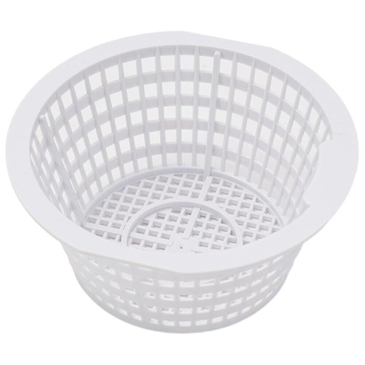 White plastic skimmer filter basket with grid bottom and sidewall openings