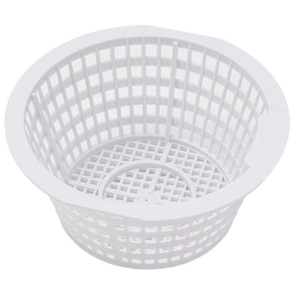 White plastic skimmer filter basket with grid bottom and sidewall openings