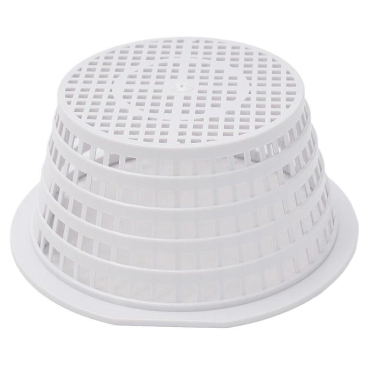 White plastic skimmer filter basket with raised rim and fine mesh grid top view