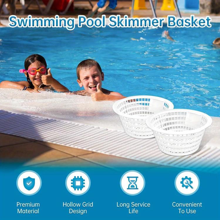 Two white skimmer filter baskets on a pool skimmer system, with mesh grid sides