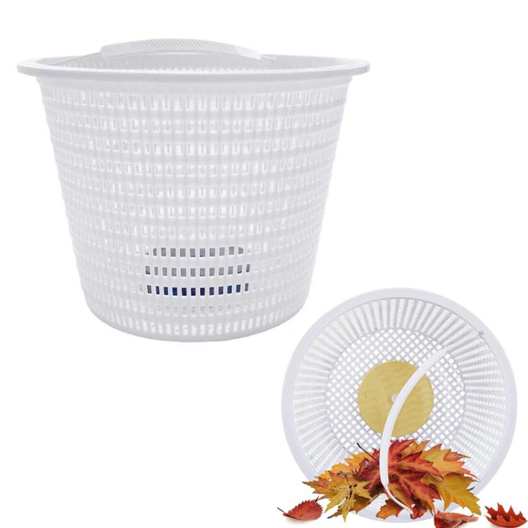 White pool skimmer replacement basket with perforated mesh and inset of leaves on a weighted plate