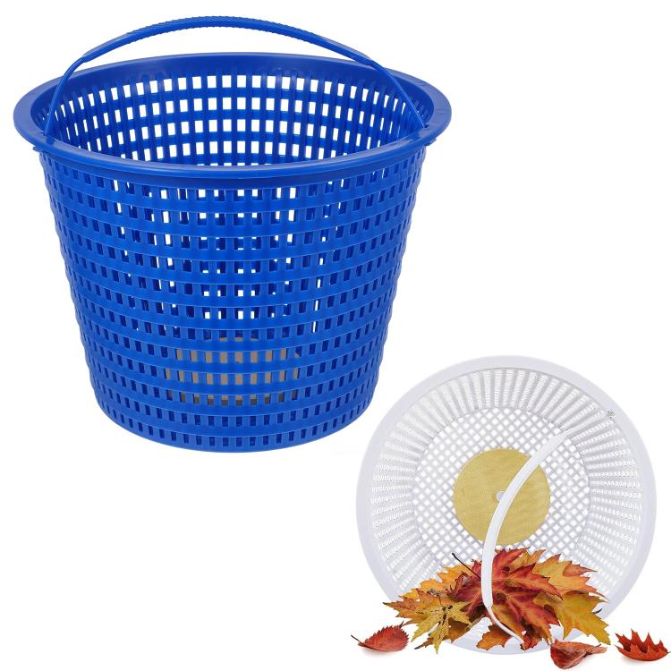 Blue pool skimmer replacement basket with perforated mesh and inset of leaves on a weighted plate