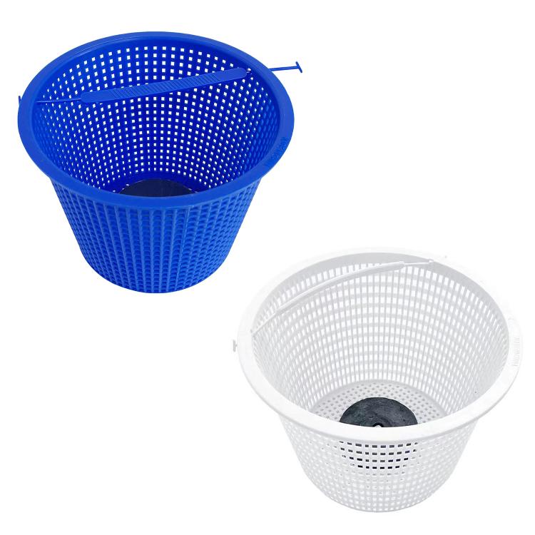 Blue and white pool skimmer replacement baskets with perforated mesh sides and open tops