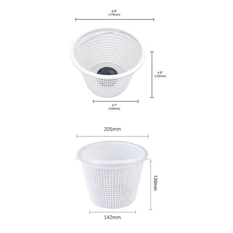 White pool skimmer replacement basket size diagram with mesh bowl and labeled dimensions