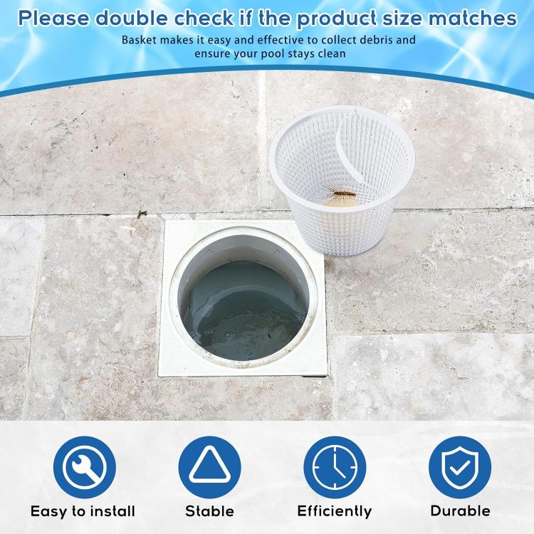 White pool skimmer replacement basket near a pool skimmer opening