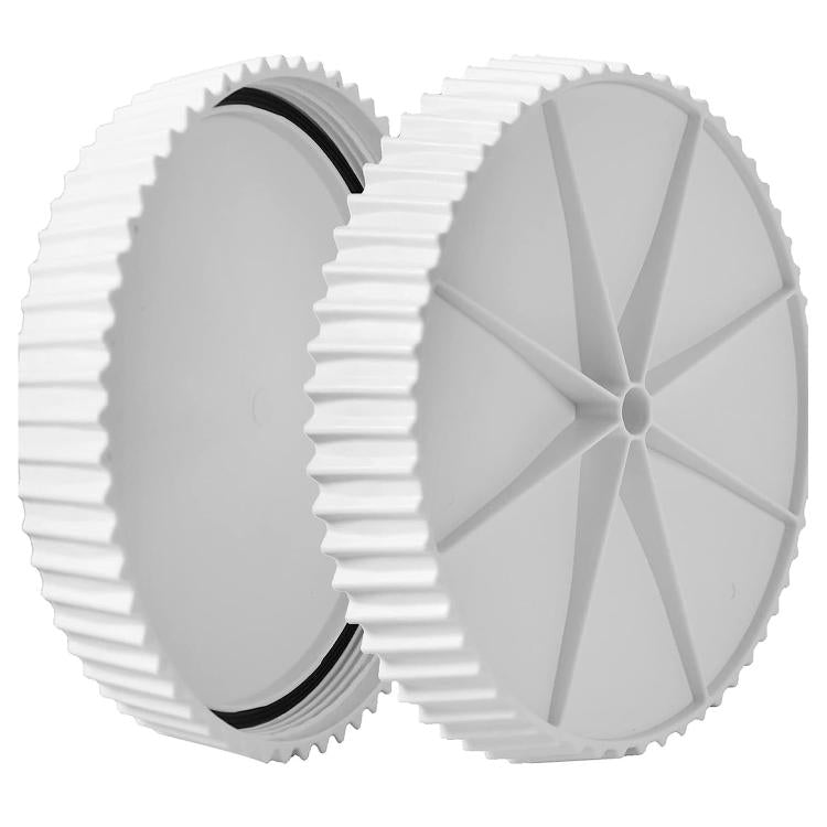 White pool drain cover with ribbed edge and black sealing ring, circular washer style