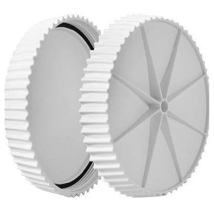 White pool drain cover with ribbed edge and black sealing ring, circular washer style