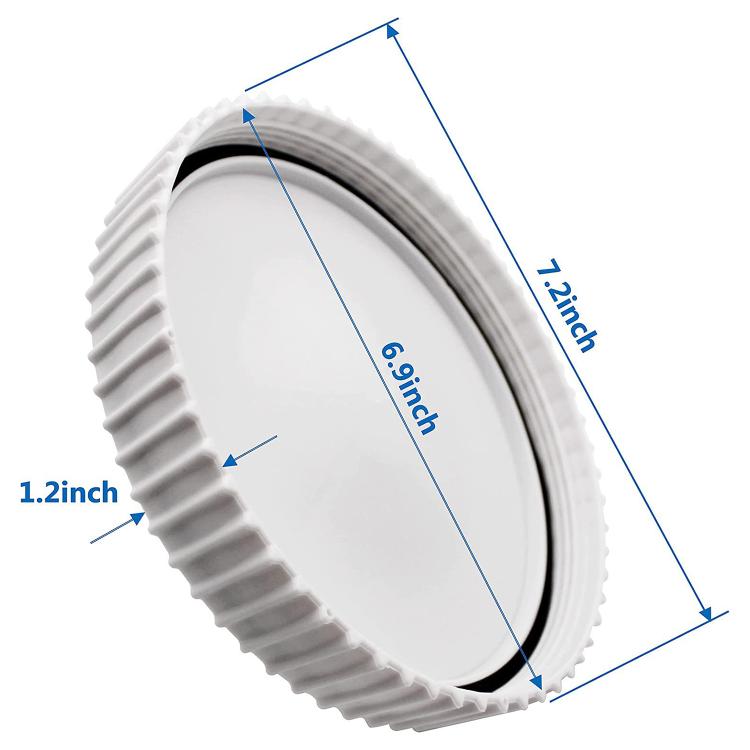 White threaded pool drain cover with black rubber seal ring and ribbed edge