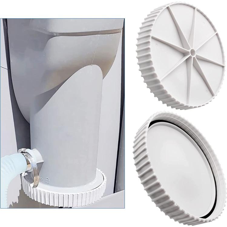 White pool drain cover with ribbed perimeter and black sealing ring on round face