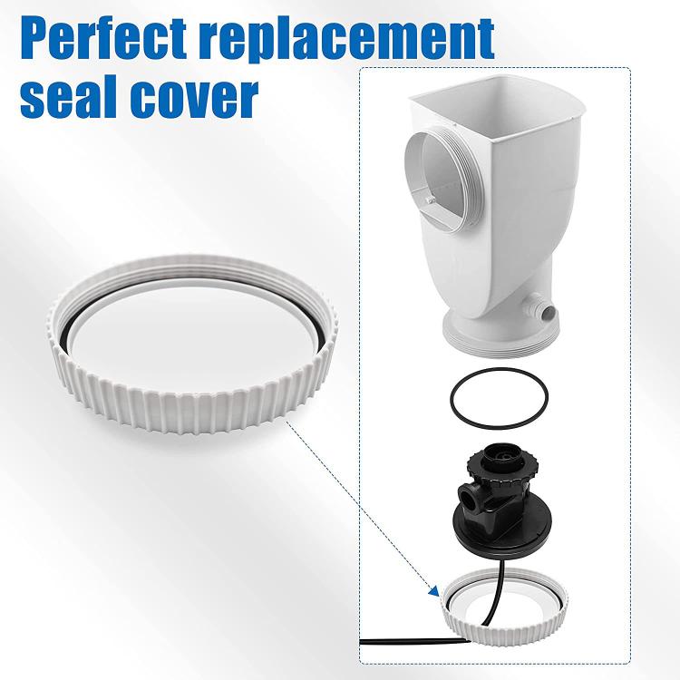 White pool drain seal cover, ribbed circular edge; matching O-ring included