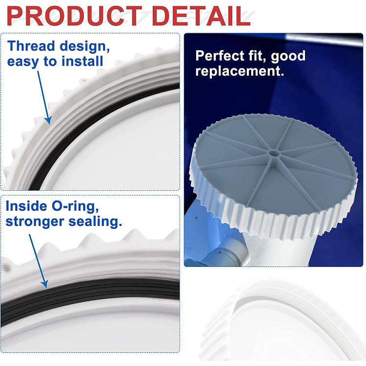 Close-up of white threaded pool drain cover with O-ring groove and ribbed rim