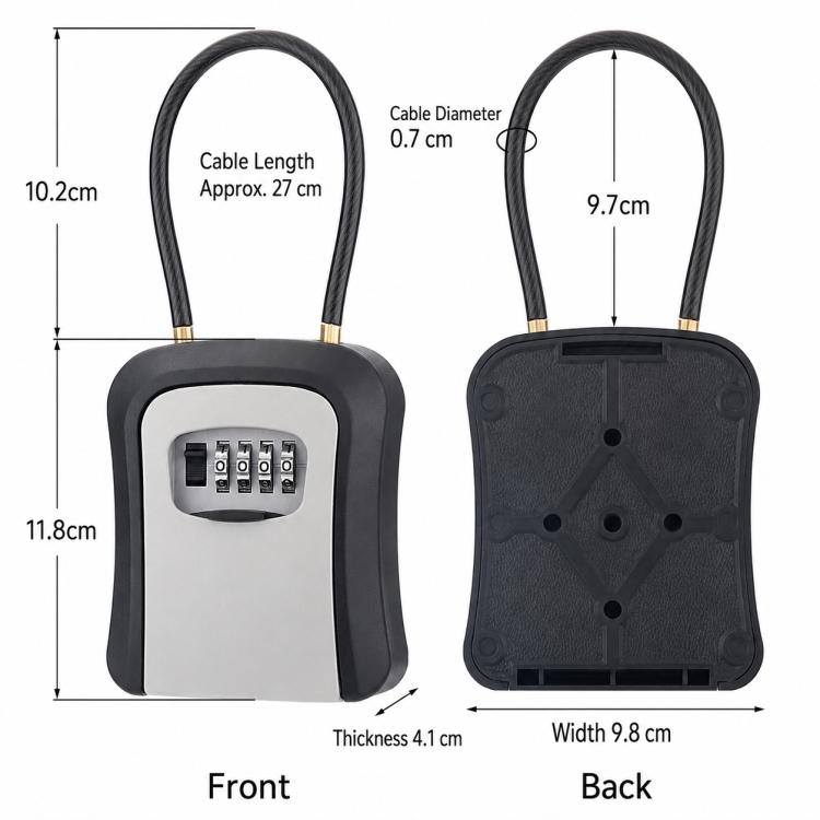 Wall-Mount Key Storage Box Combination Lock with Steel Cable & Plastic Lock Body
