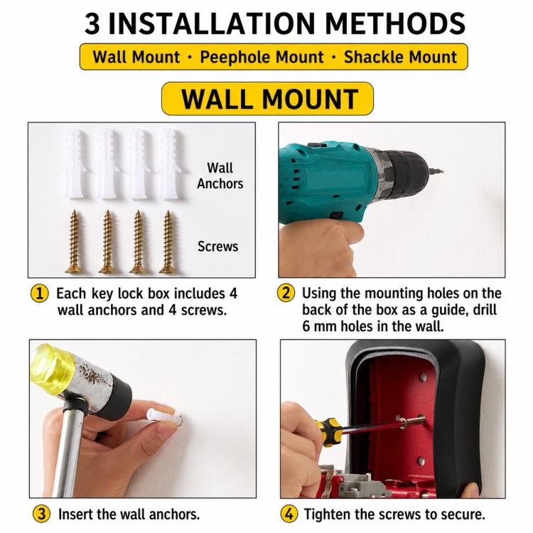 Wall-Mount Key Storage Box Combination Lock with Steel Cable & Plastic Lock Body