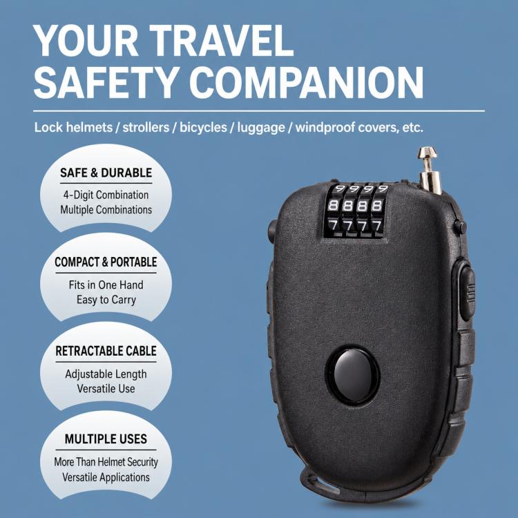 Black retractable helmet lock with 4-digit keypad and metal cable lock head