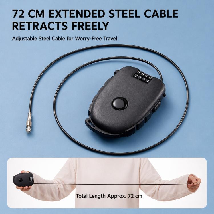 Black helmet lock with extended retractable steel cable and 4-digit keypad