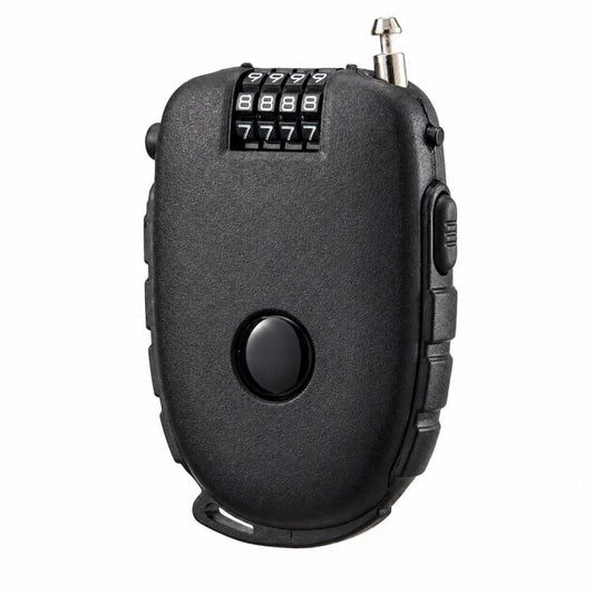 Black helmet lock with 4-digit combination dial and retractable cable head
