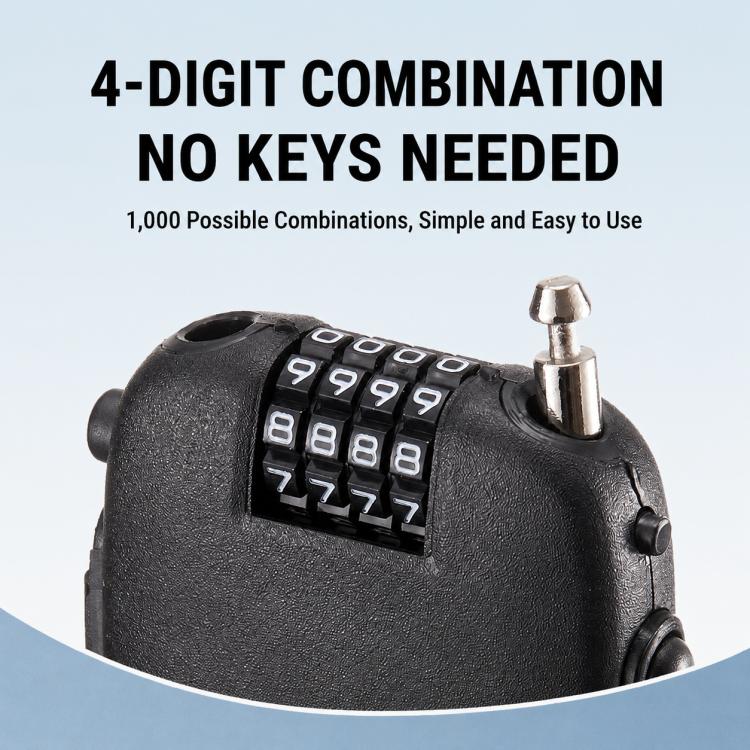 Black helmet lock close-up with 4-digit combination dial and metal lock pin