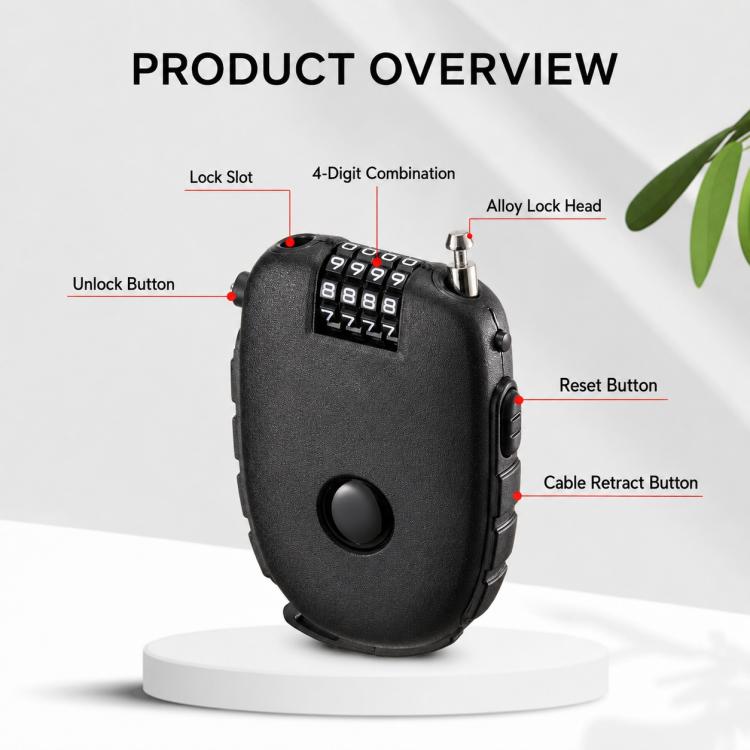 Black helmet lock with 4-digit combination dial and cable retract/reset buttons