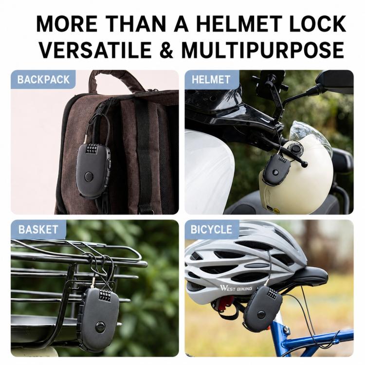 Black helmet lock attached to backpack and bicycle handlebar
