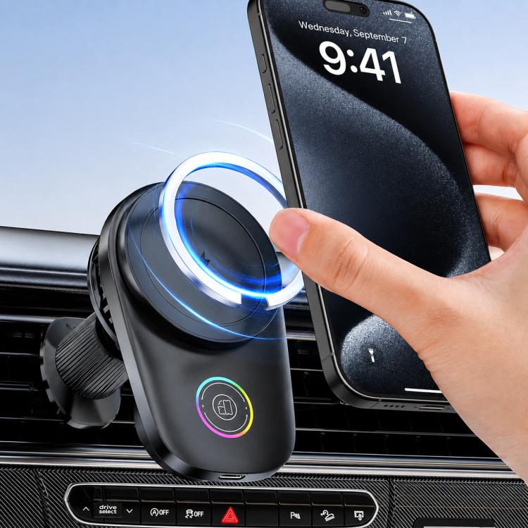 Black wireless car phone mount with magnetic base, RGB ring light, and phone holder