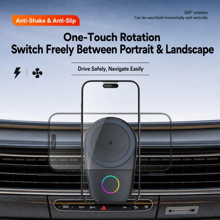Magnetic wireless car charger mount with touch-rotating pad and RGB LED ring
