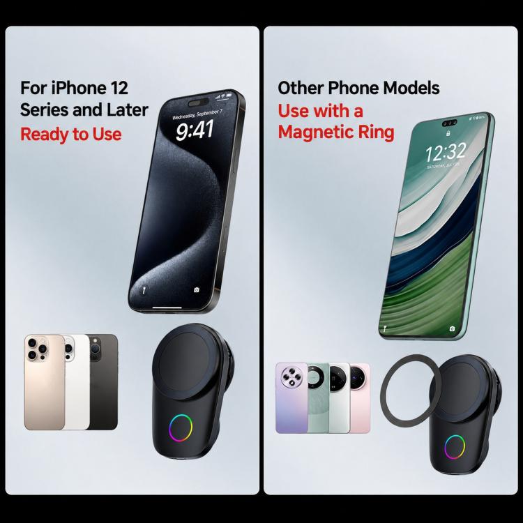 Magnetic wireless car charger mount with rotating pad and RGB light for phones