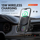 Black wireless car charging mount holding a phone on a vent console, with RGB ring