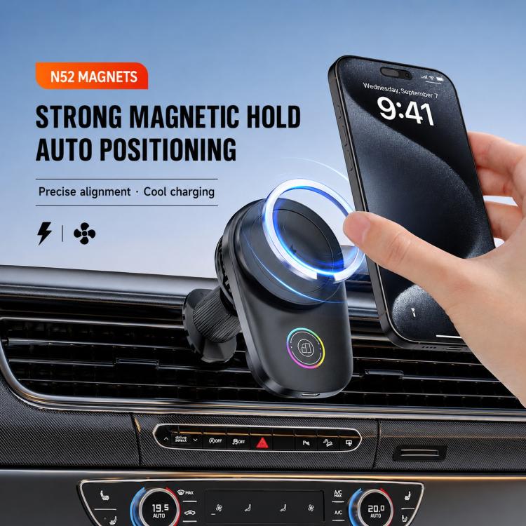 Black magnetic charging mount on car air vent with blue RGB ring and held phone