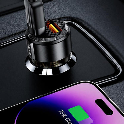 Black car USB-A and USB-C dual-port charger with metal ring and cable connector
