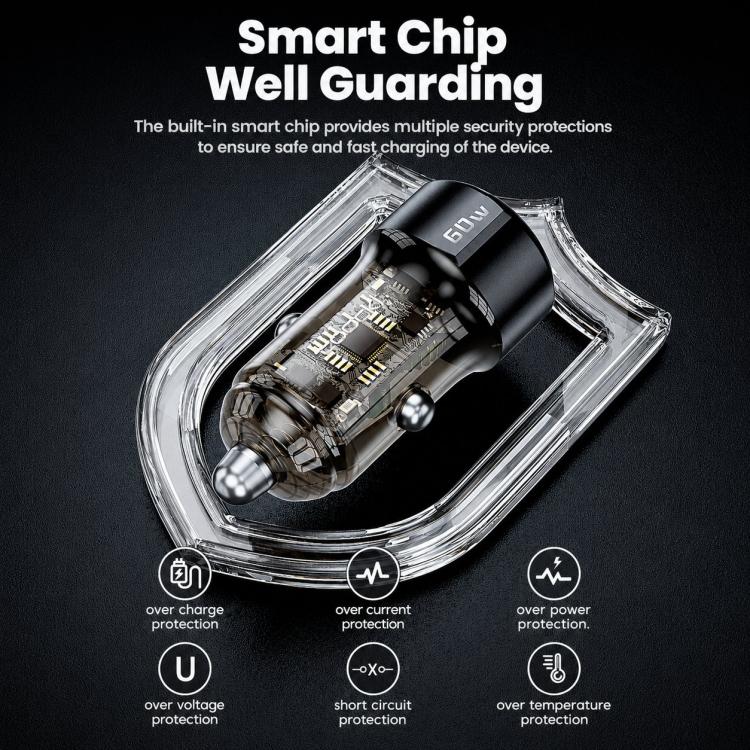 Black car charger, dual USB-A & USB-C ports, smart chip protection