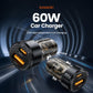 Black 60W dual-port car charger plug with two charging ends