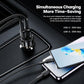Black dual-port car charger for simultaneous charging with two cables