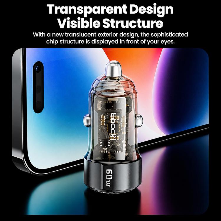 Black transparent-exterior car charger showing inner circuit board