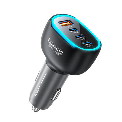 Black 4-port car charger with blue ambient light ring and USB-A/USB-C ports