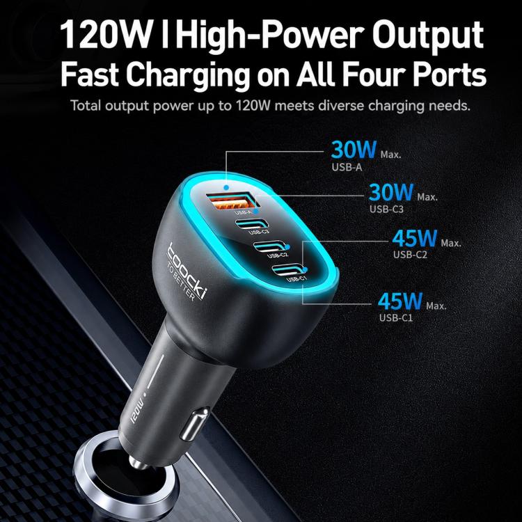 Black car fast charger with blue-lit oval glow and four USB ports