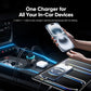 Car charger with blue-lit ports and slim plug attached for in-car use