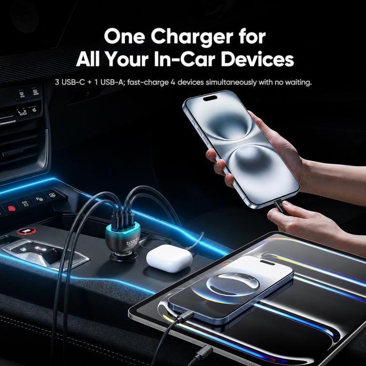 Car charger with blue-lit ports and slim plug attached for in-car use