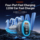 Black 4-port car charger with blue ambient ring and USB-A/USB-C connectors