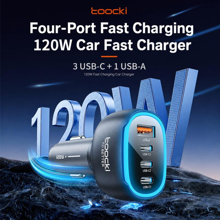 Black 4-port car charger with blue ambient ring and USB-A/USB-C connectors