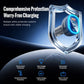 Black car charger enclosed in clear shield with blue-lit USB ports