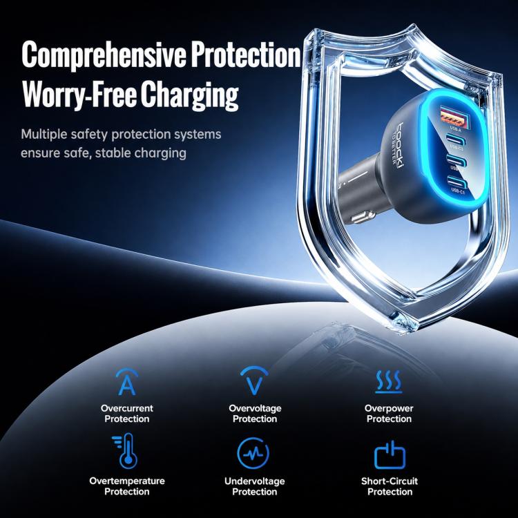 Black car charger enclosed in clear shield with blue-lit USB ports